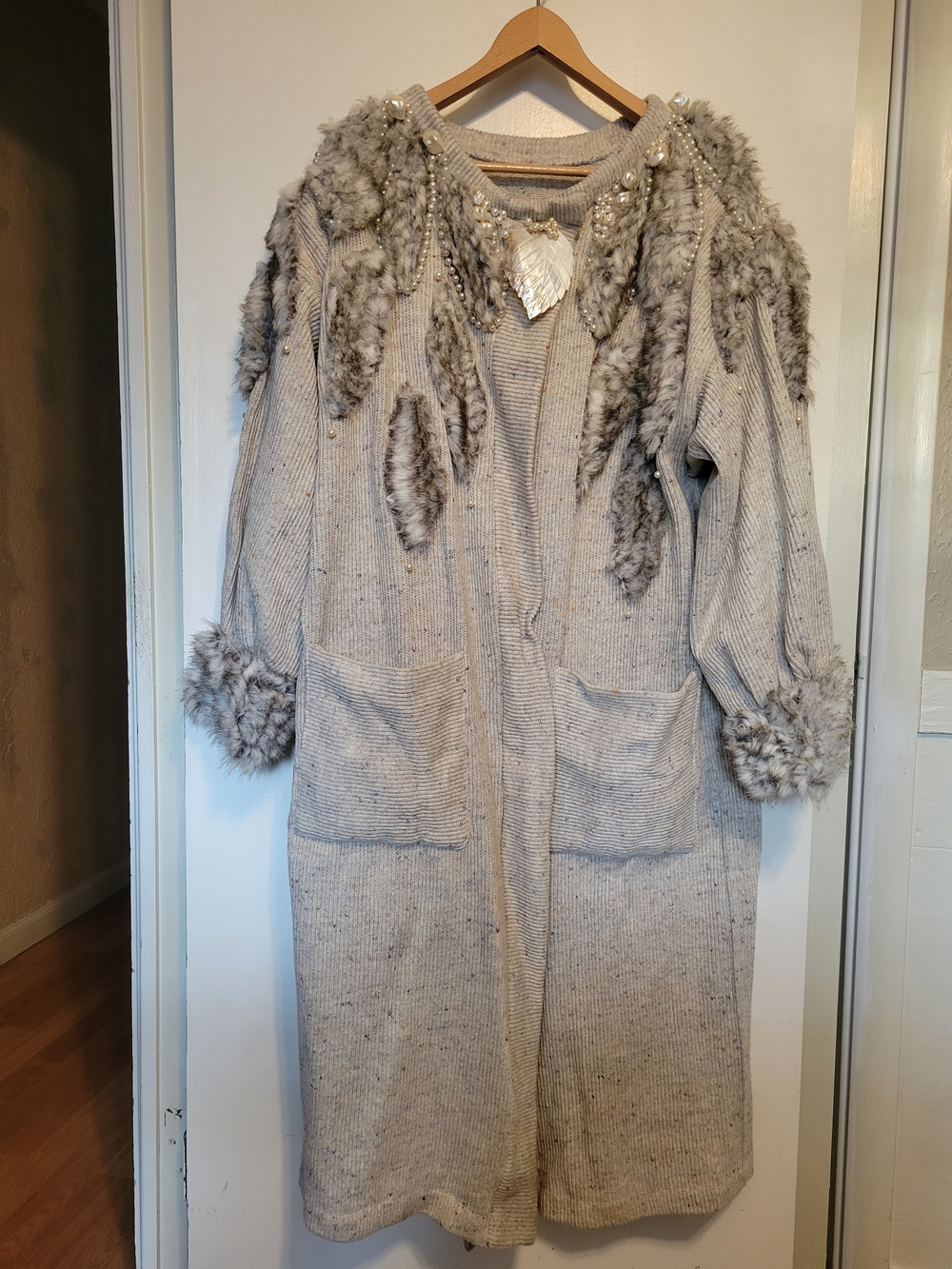 Vintage Faux-Fur Trim Embellished Knit Cardigan Coat